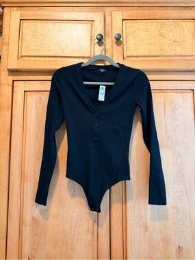 Express Black V-Neck Ribbed Henley Bodysuit